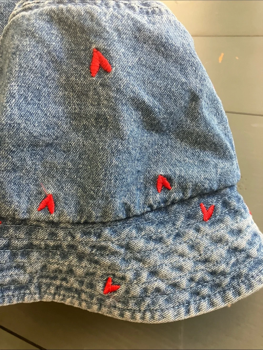 ZARA Kids Faded Denim Bucket Hat w/ Red Heart Embroidery OS Pre-Loved